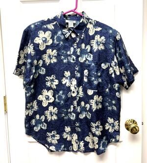 Metro Express Short Mens Silk Floral Button Up Blue Cream Short Sleeve L Loose
